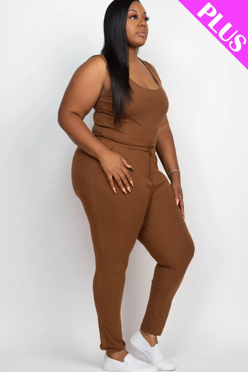 Plus Size Ribbed Sleeveless Drawstring Jumpsuit