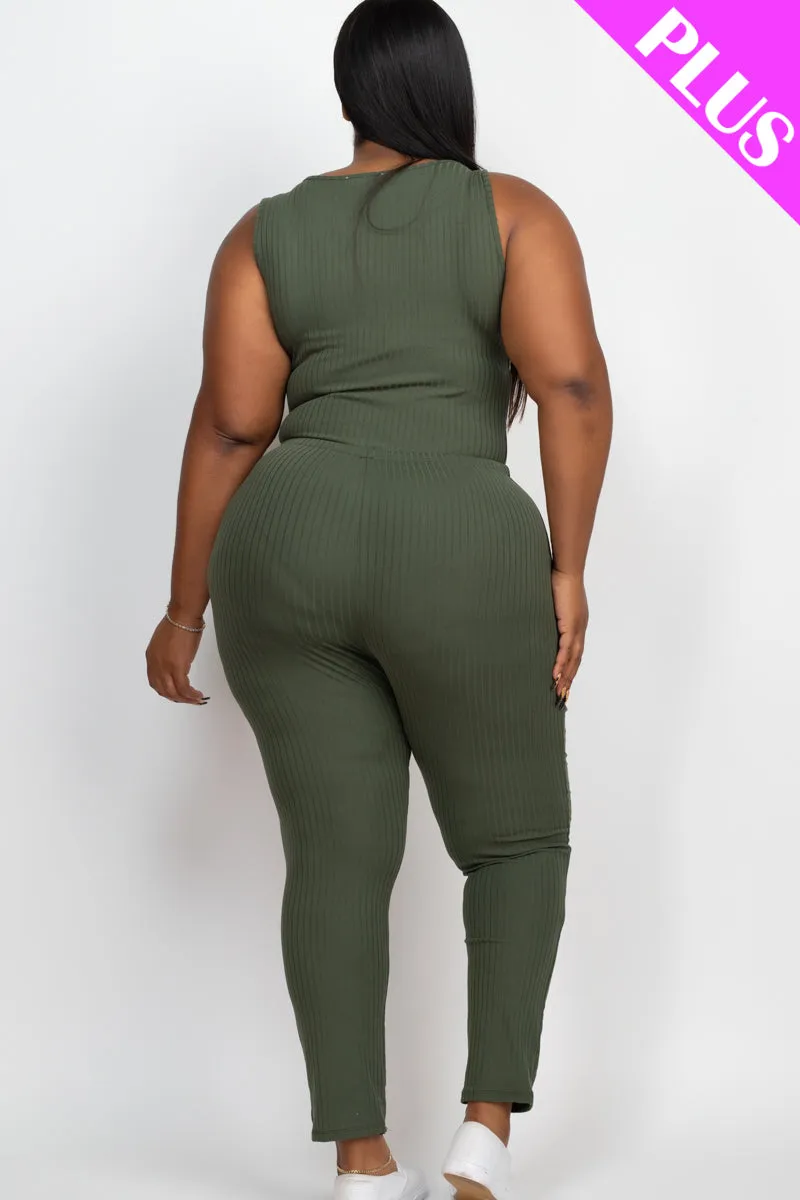 Plus Size Ribbed Sleeveless Drawstring Jumpsuit