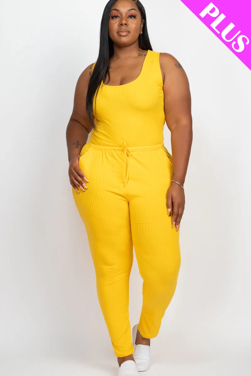 Plus Size Ribbed Sleeveless Drawstring Jumpsuit