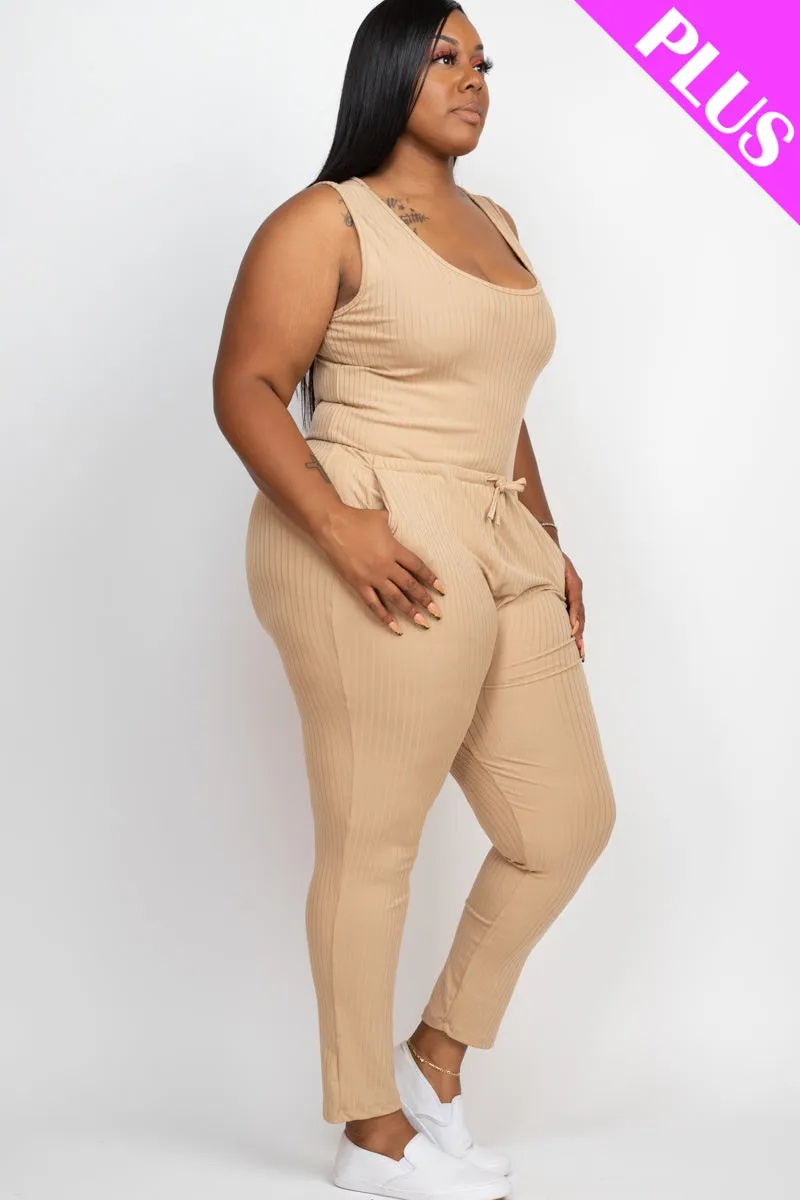 Plus Size Ribbed Sleeveless Drawstring Jumpsuit