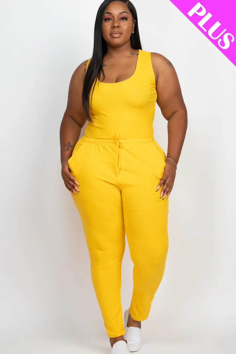 Plus Size Ribbed Sleeveless Drawstring Jumpsuit