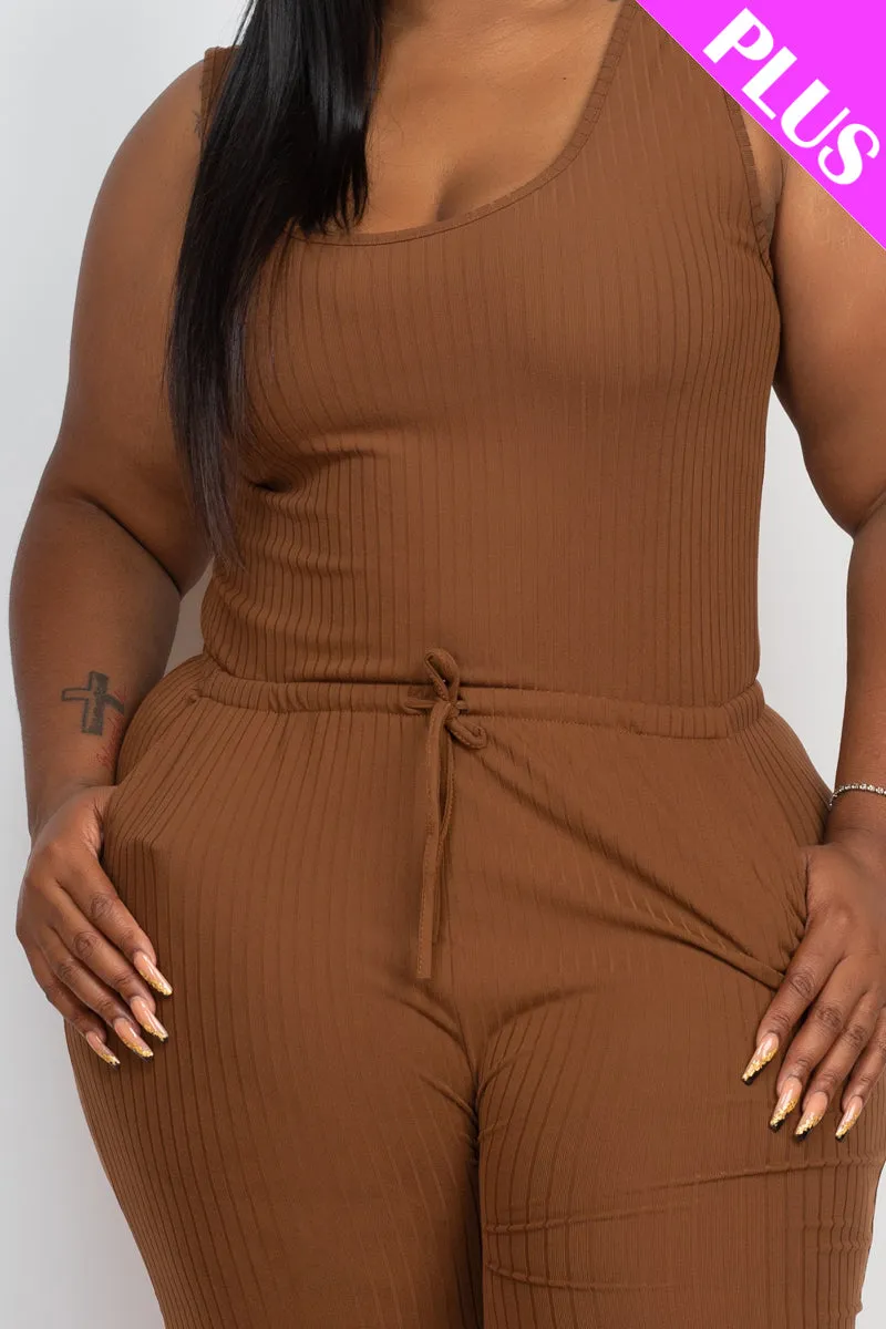 Plus Size Ribbed Sleeveless Drawstring Jumpsuit