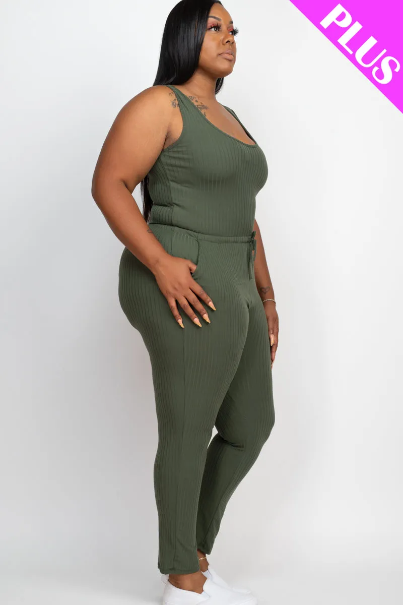 Plus Size Ribbed Sleeveless Drawstring Jumpsuit