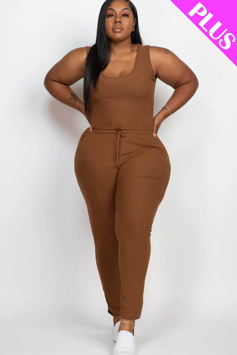 Plus Size Ribbed Sleeveless Drawstring Jumpsuit