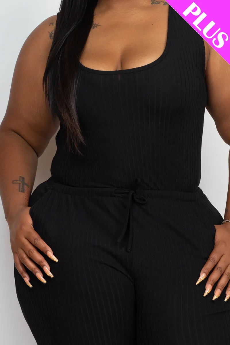 Plus Size Ribbed Sleeveless Drawstring Jumpsuit