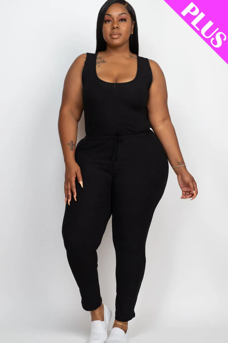 Plus Size Ribbed Sleeveless Drawstring Jumpsuit