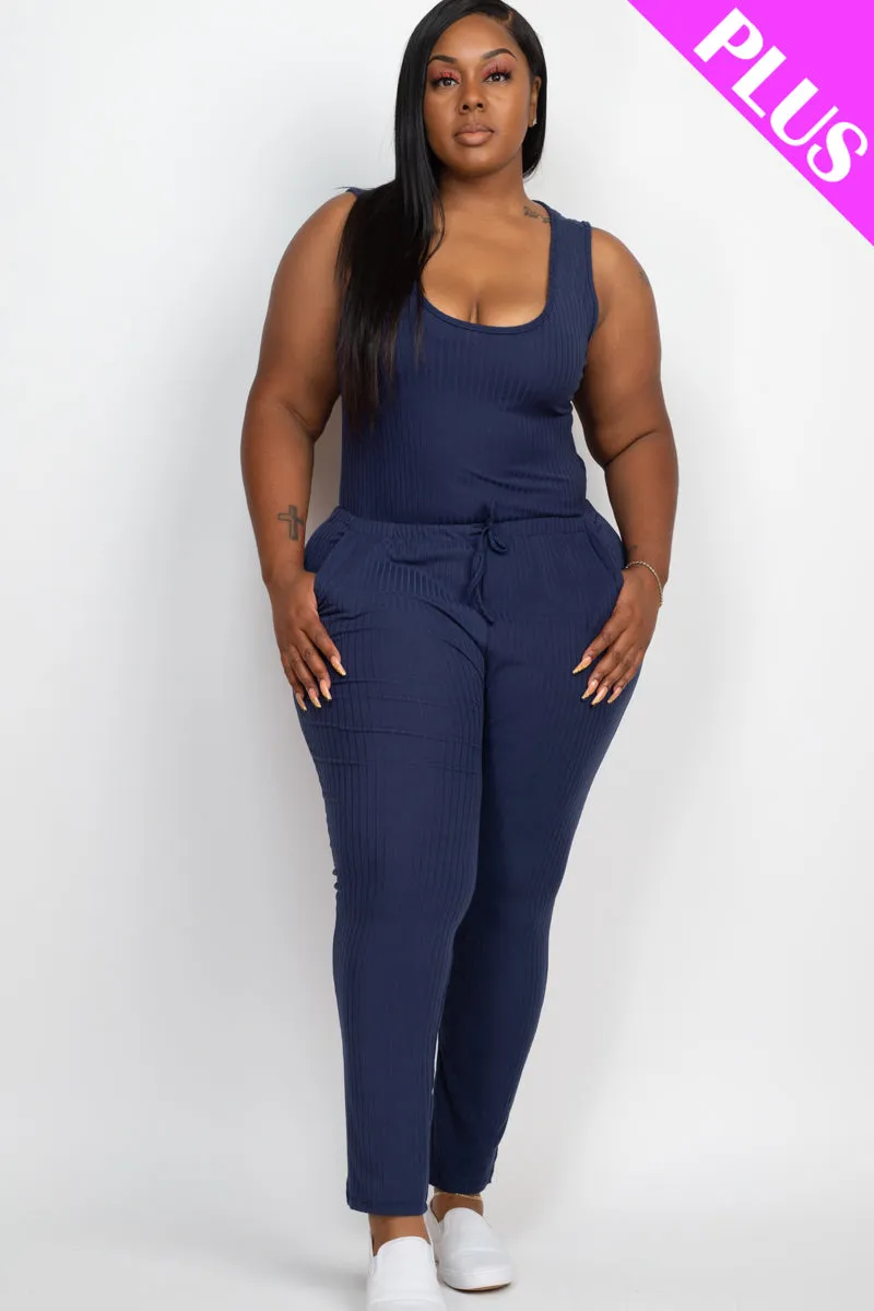 Plus Size Ribbed Sleeveless Drawstring Jumpsuit