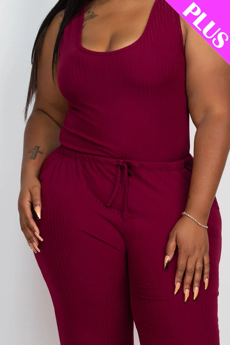 Plus Size Ribbed Sleeveless Drawstring Jumpsuit