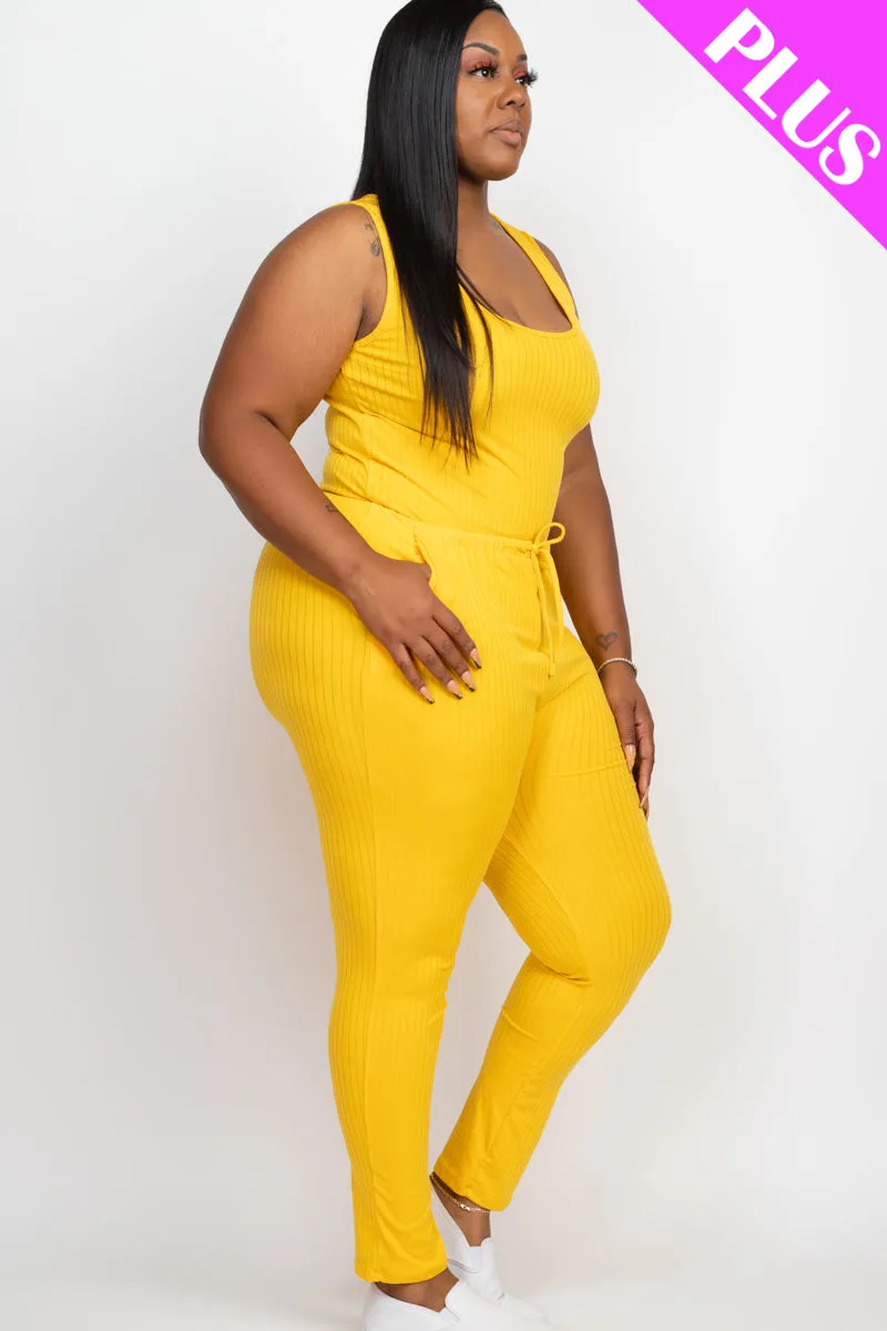 Plus Size Ribbed Sleeveless Drawstring Jumpsuit