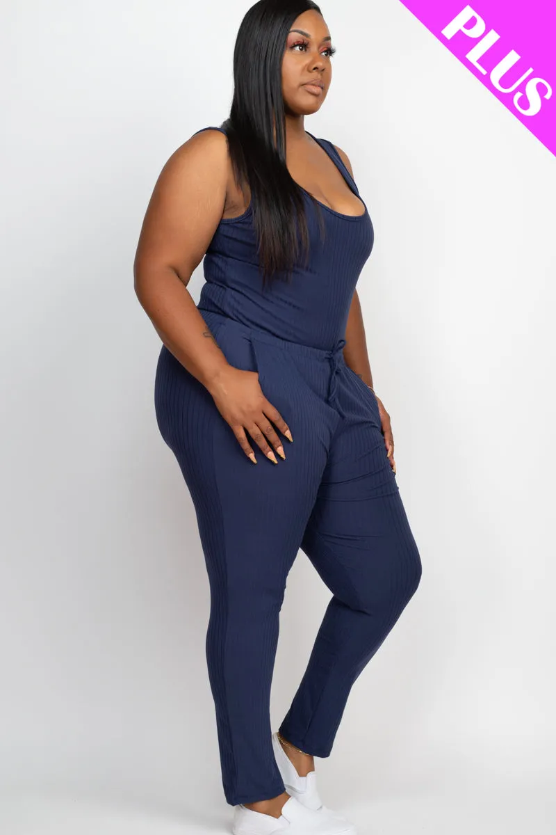 Plus Size Ribbed Sleeveless Drawstring Jumpsuit