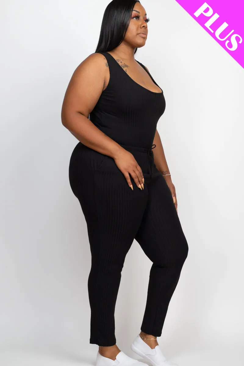 Plus Size Ribbed Sleeveless Drawstring Jumpsuit