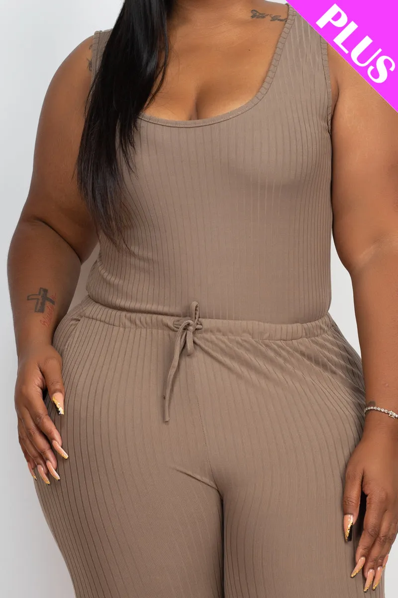 Plus Size Ribbed Sleeveless Drawstring Jumpsuit