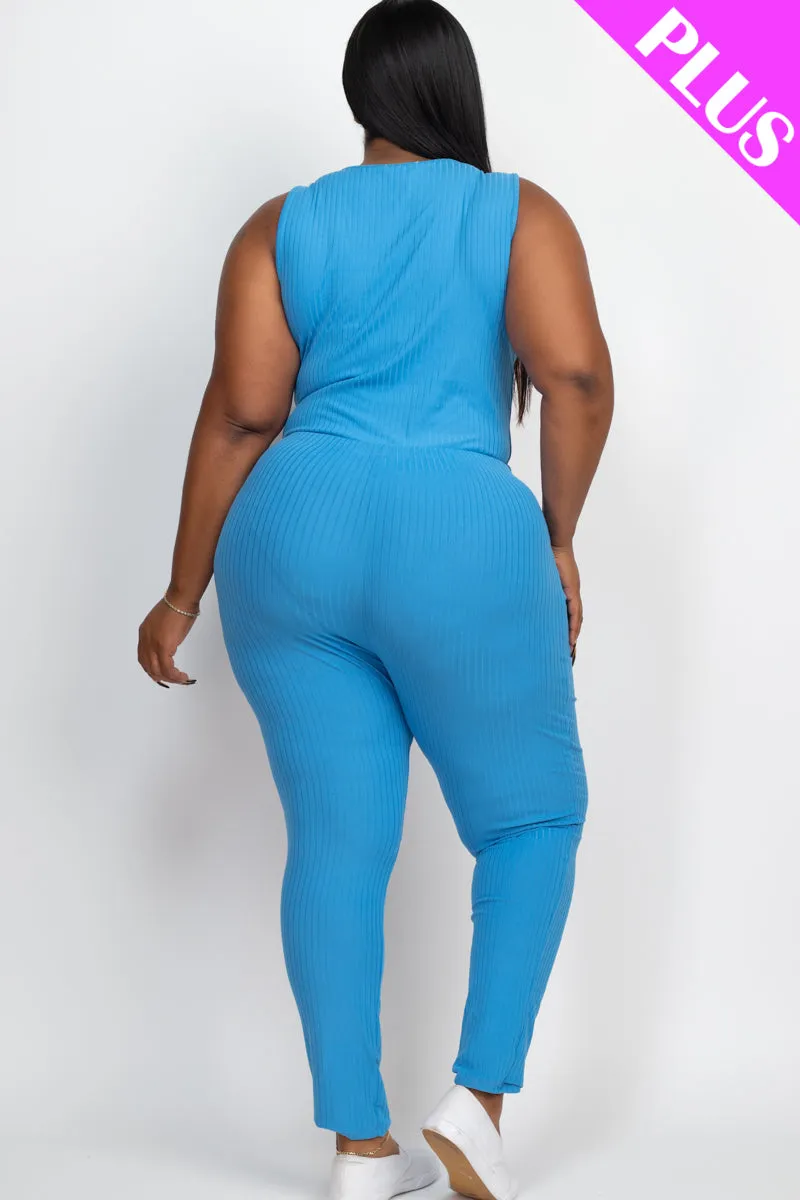 Plus Size Ribbed Sleeveless Drawstring Jumpsuit