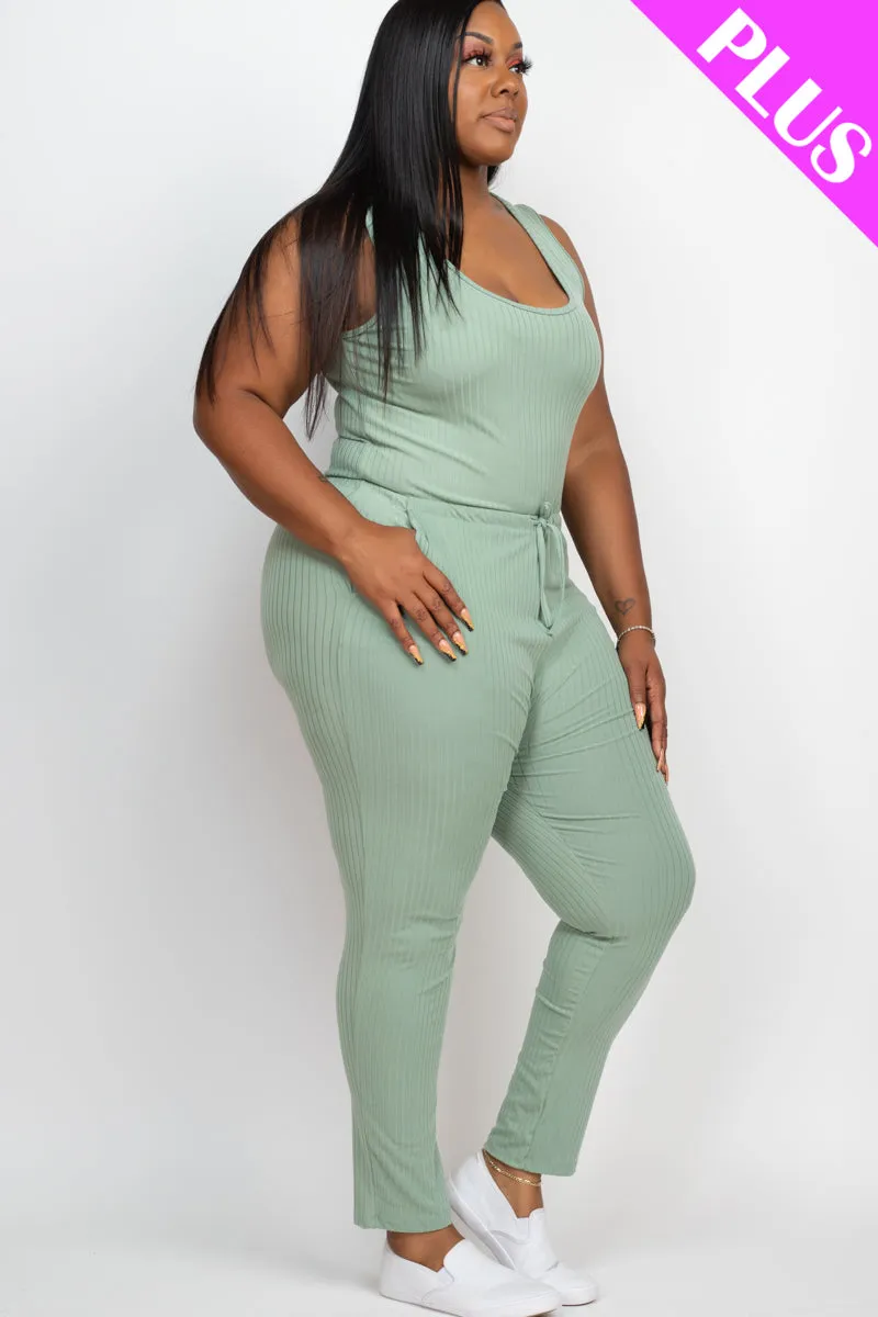 Plus Size Ribbed Sleeveless Drawstring Jumpsuit