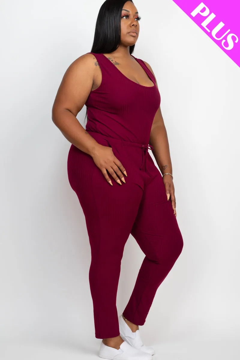 Plus Size Ribbed Sleeveless Drawstring Jumpsuit