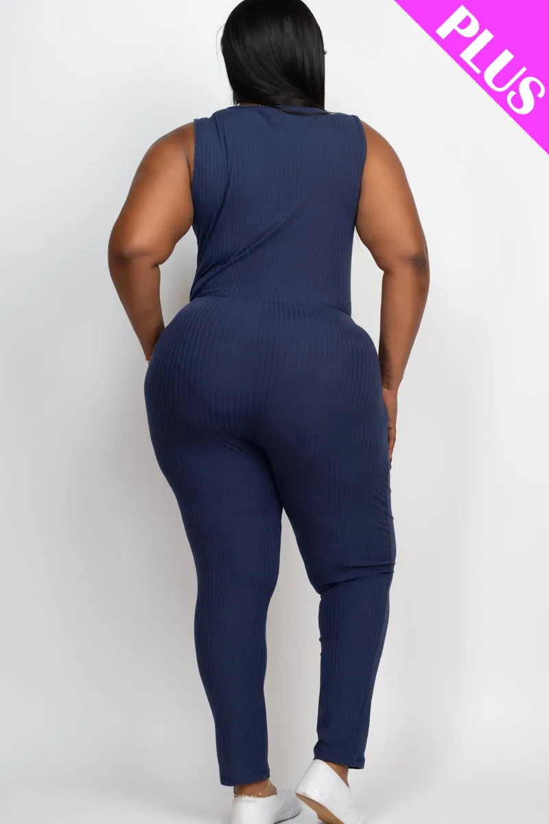 Plus Size Ribbed Sleeveless Drawstring Jumpsuit