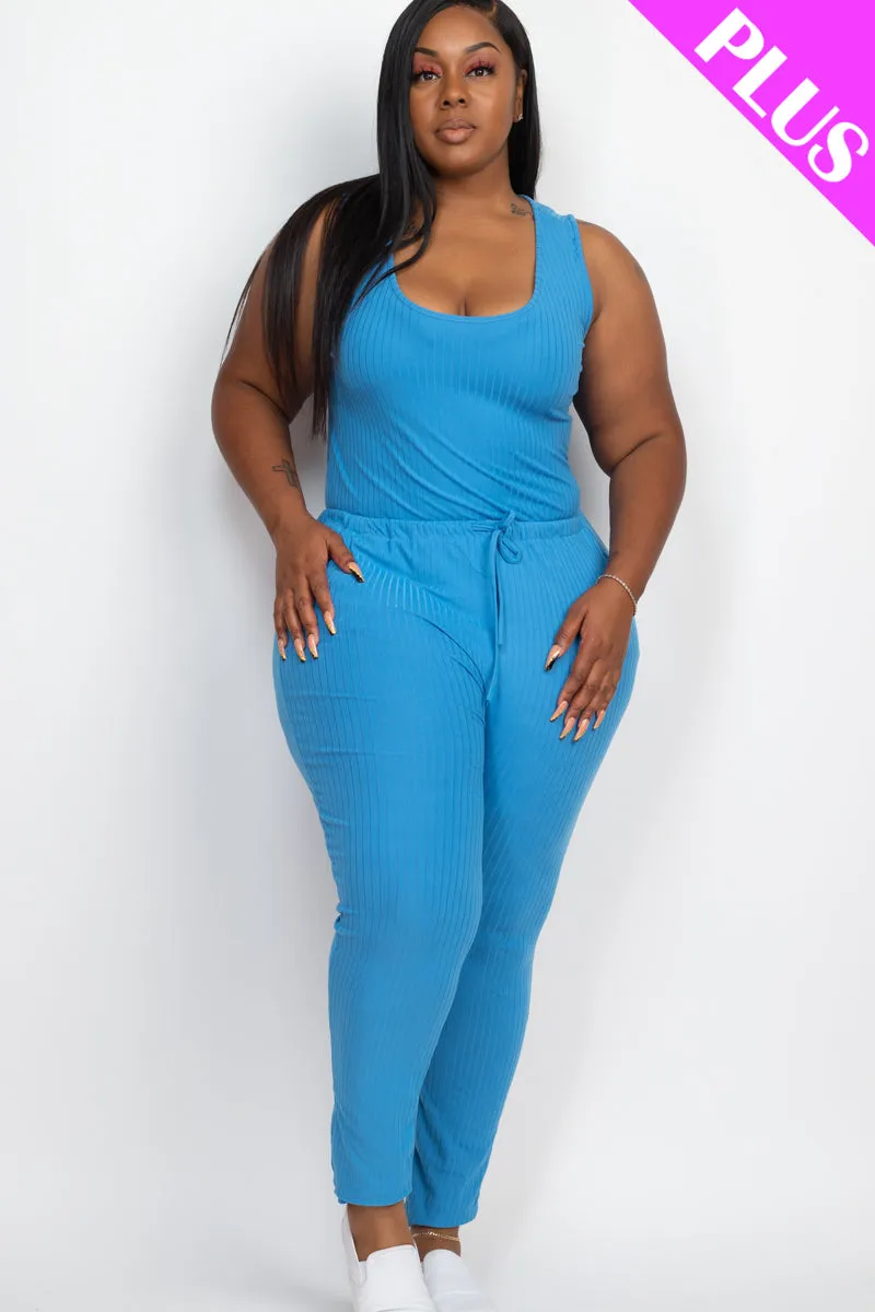 Plus Size Ribbed Sleeveless Drawstring Jumpsuit