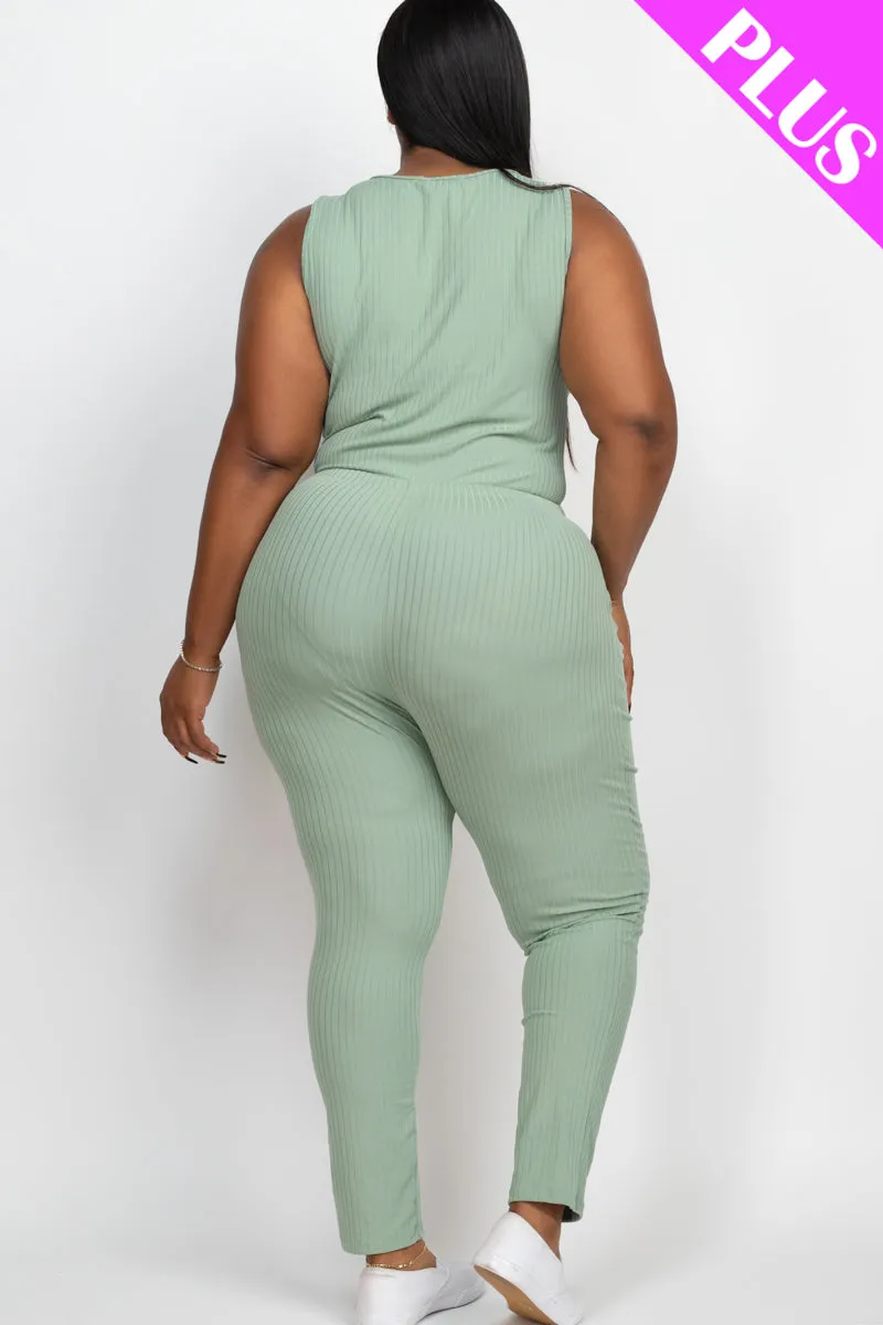 Plus Size Ribbed Sleeveless Drawstring Jumpsuit