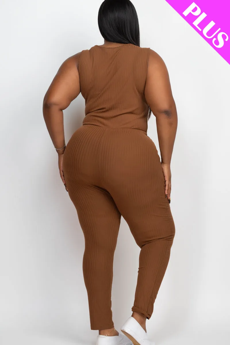 Plus Size Ribbed Sleeveless Drawstring Jumpsuit