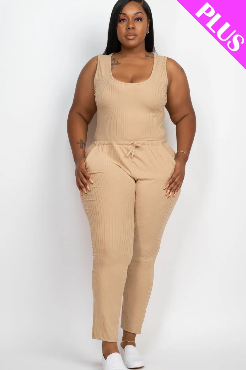 Plus Size Ribbed Sleeveless Drawstring Jumpsuit