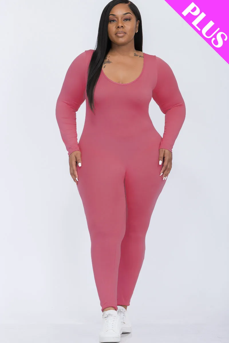 Plus Size Scoop Neck Long Sleeve Bodycon Jumpsuit