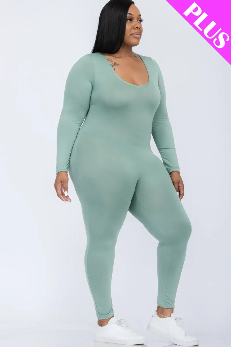 Plus Size Scoop Neck Long Sleeve Bodycon Jumpsuit