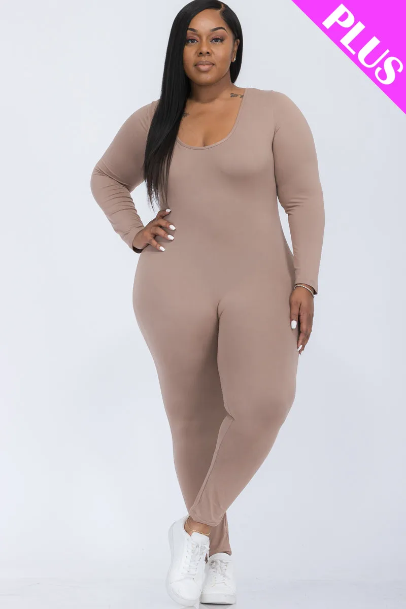 Plus Size Scoop Neck Long Sleeve Bodycon Jumpsuit