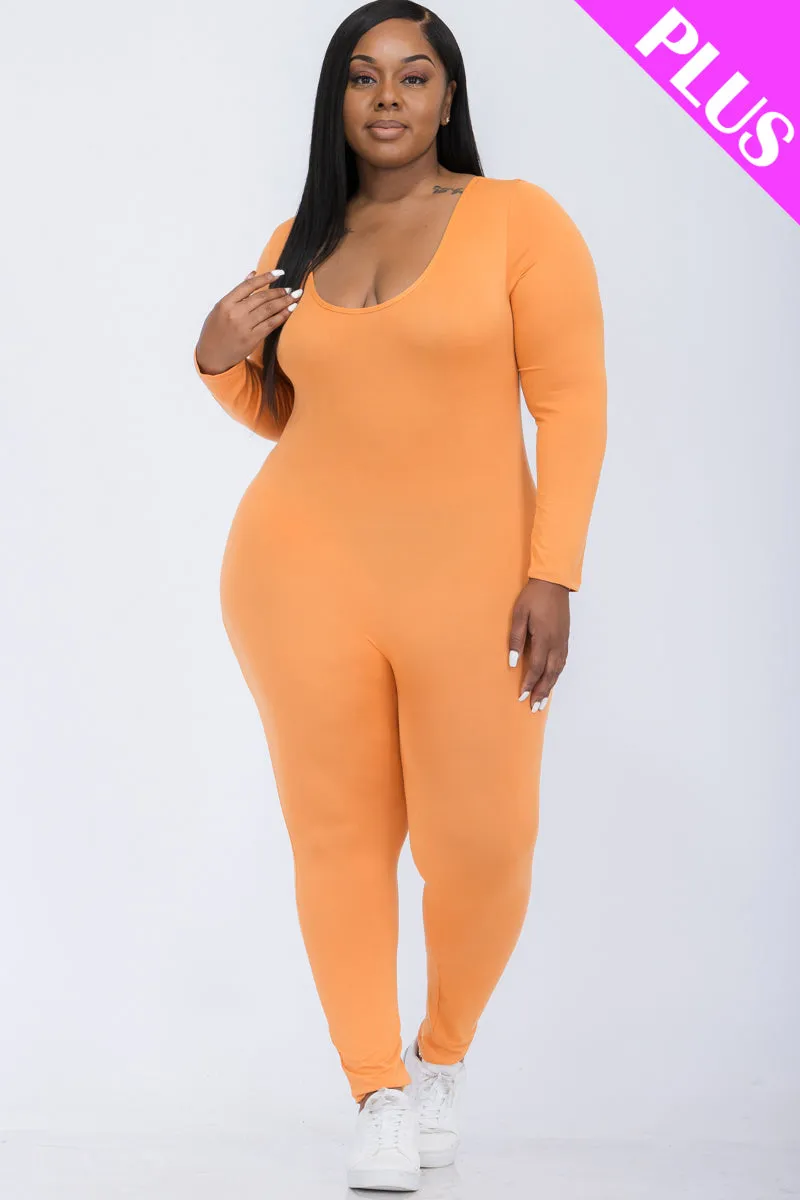 Plus Size Scoop Neck Long Sleeve Bodycon Jumpsuit