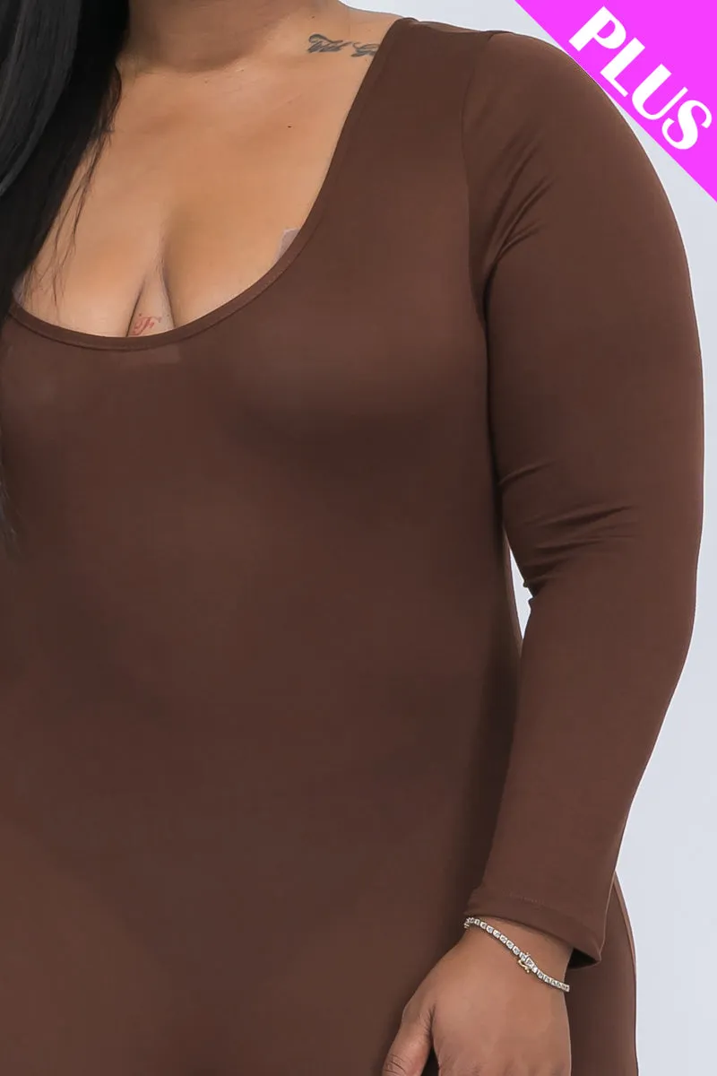 Plus Size Scoop Neck Long Sleeve Bodycon Jumpsuit