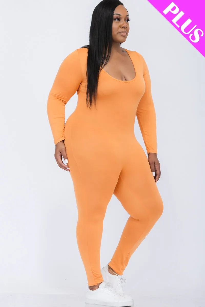 Plus Size Scoop Neck Long Sleeve Bodycon Jumpsuit