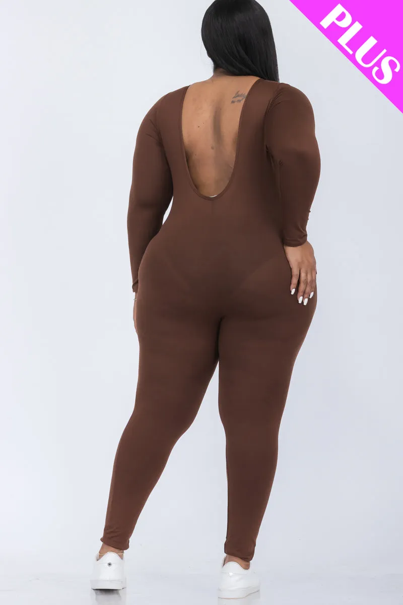 Plus Size Scoop Neck Long Sleeve Bodycon Jumpsuit