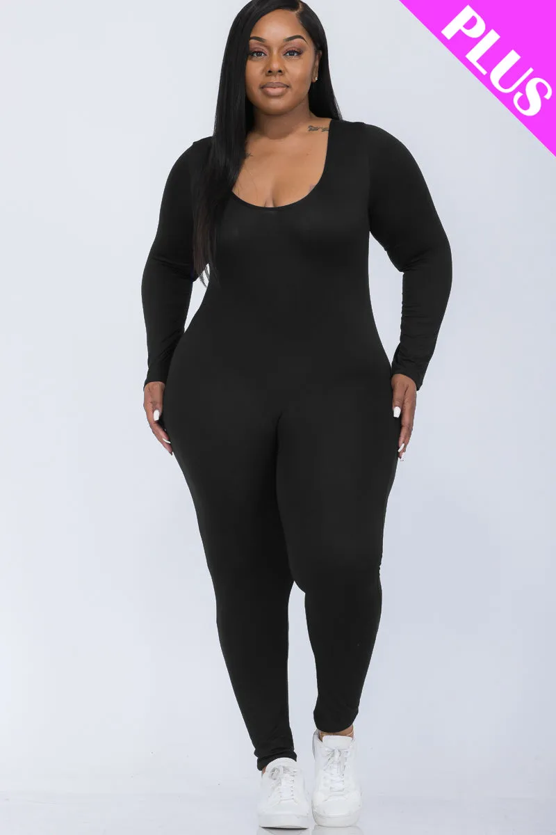 Plus Size Scoop Neck Long Sleeve Bodycon Jumpsuit