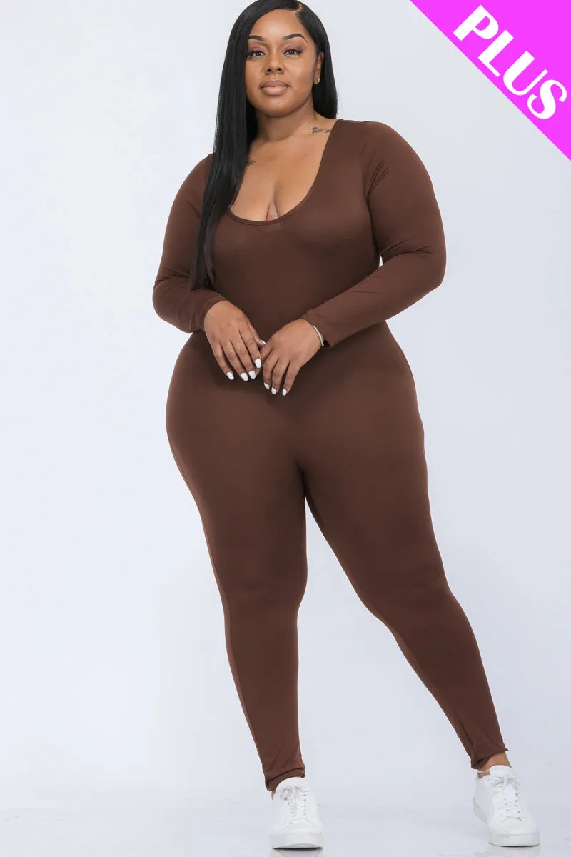 Plus Size Scoop Neck Long Sleeve Bodycon Jumpsuit