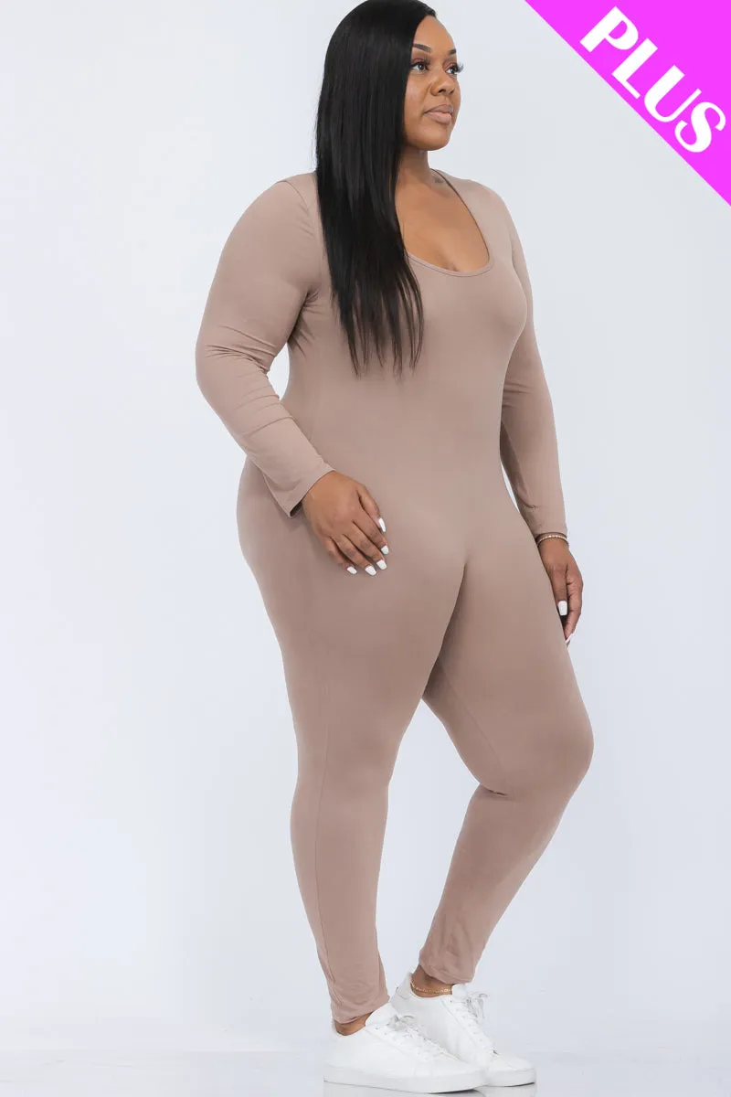 Plus Size Scoop Neck Long Sleeve Bodycon Jumpsuit