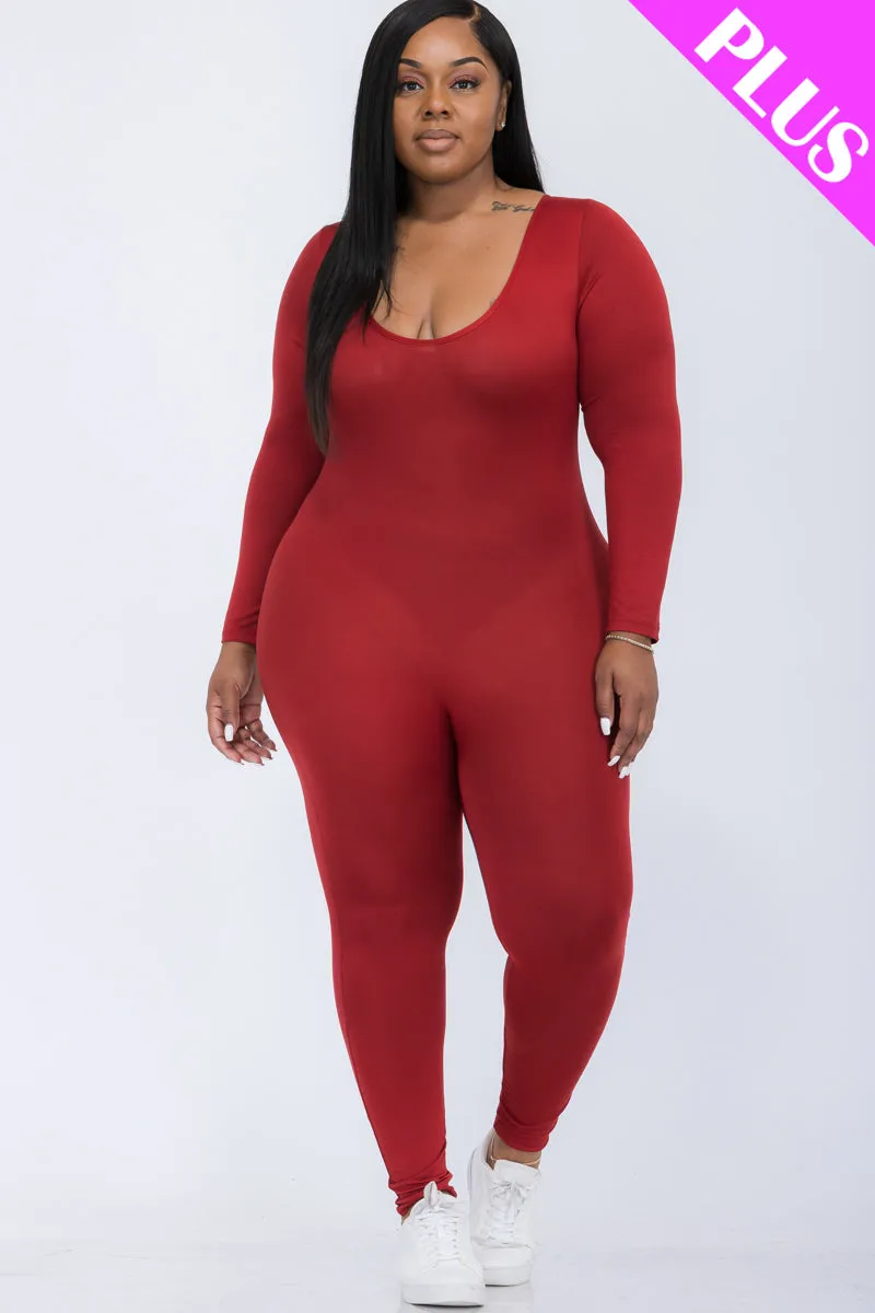 Plus Size Scoop Neck Long Sleeve Bodycon Jumpsuit