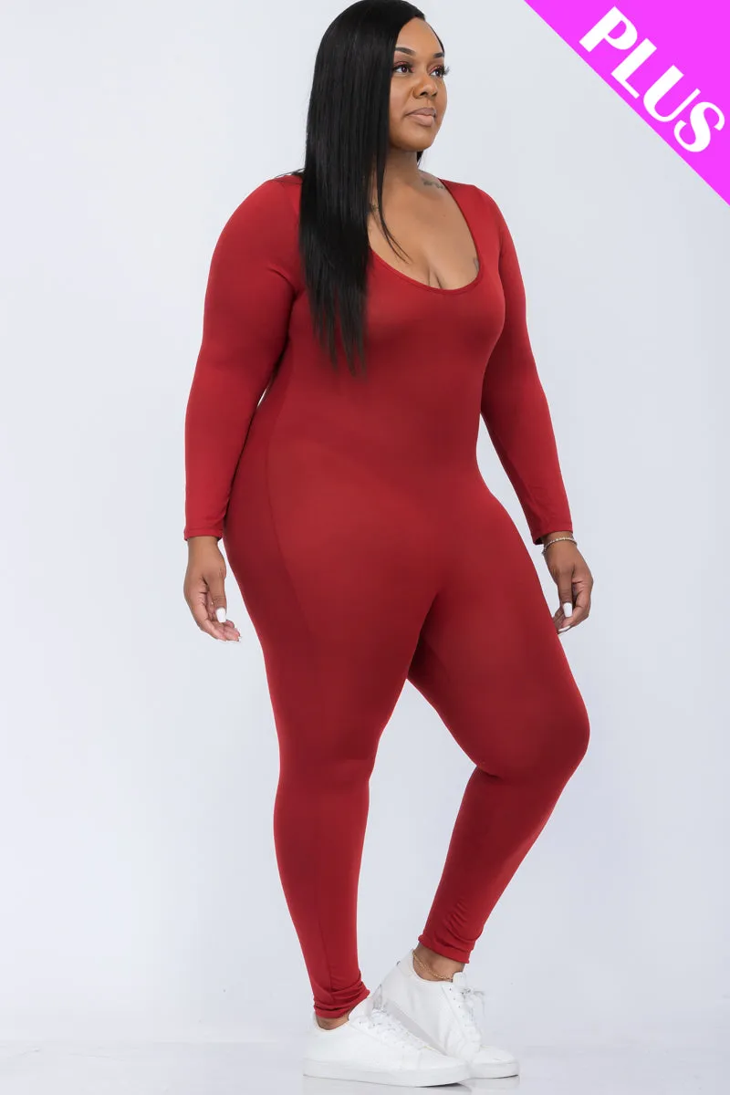 Plus Size Scoop Neck Long Sleeve Bodycon Jumpsuit