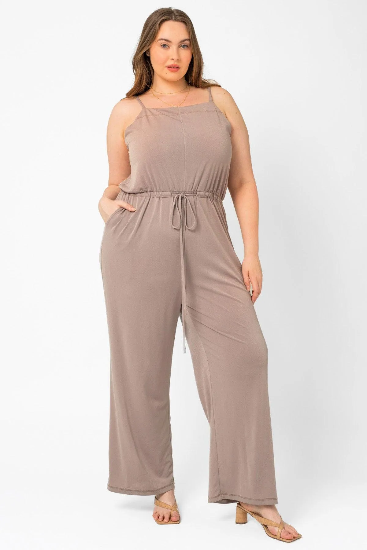 Plus Size Sleeveless Belted Drawstring Waist Jumpsuit