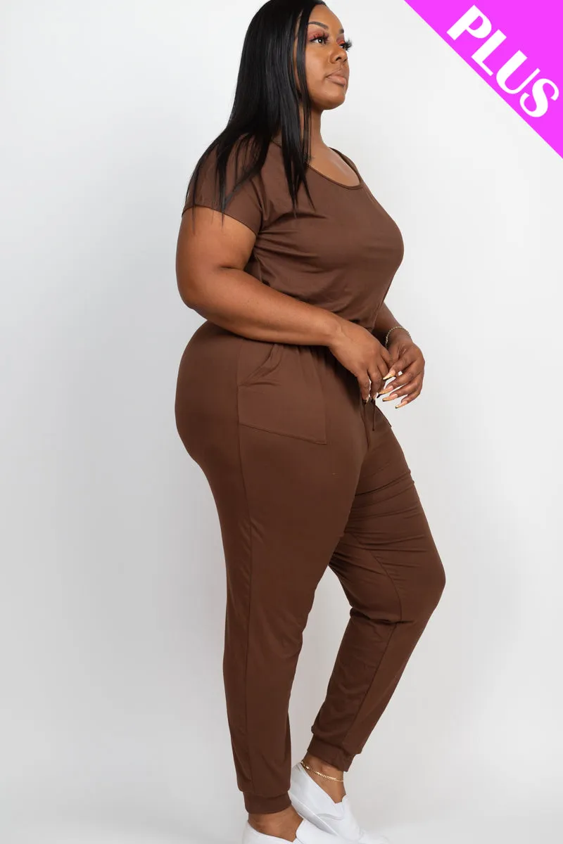 Plus Size Solid Drawstring Short Sleeve Jumpsuit