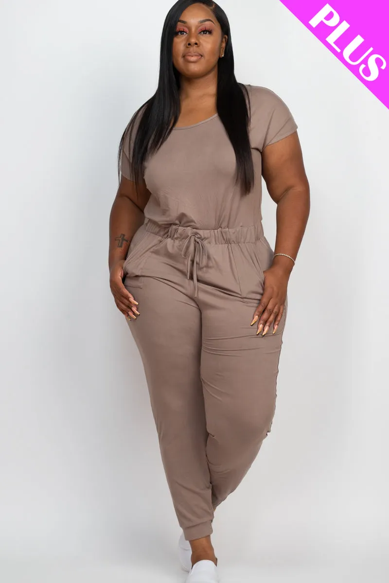 Plus Size Solid Drawstring Short Sleeve Jumpsuit