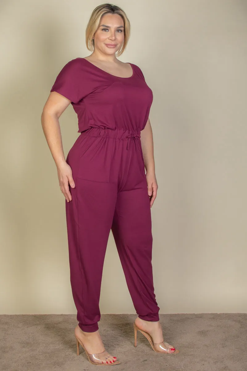 Plus Size Solid Drawstring Short Sleeve Jumpsuit