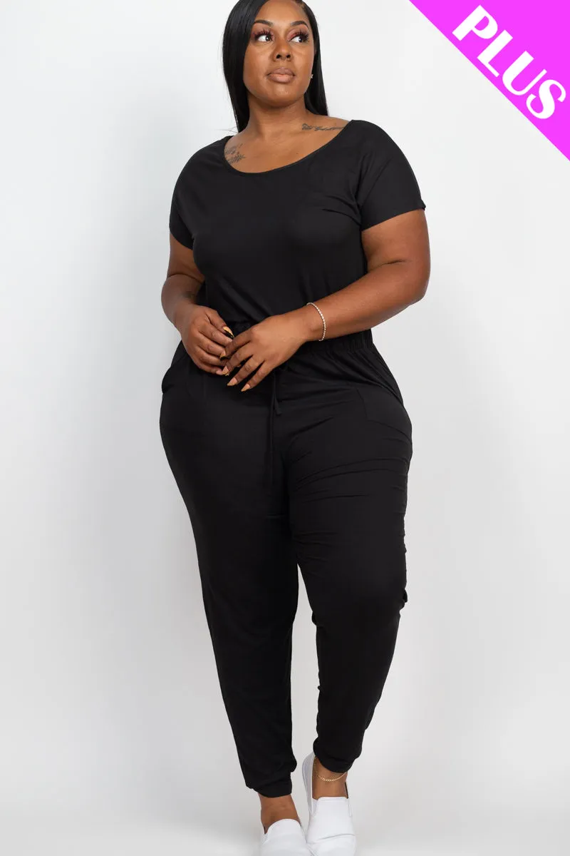 Plus Size Solid Drawstring Short Sleeve Jumpsuit