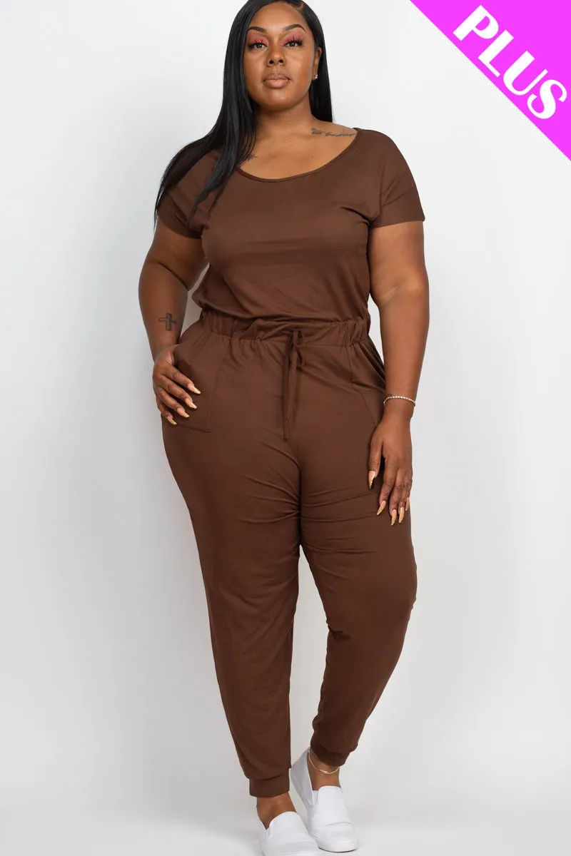 Plus Size Solid Drawstring Short Sleeve Jumpsuit