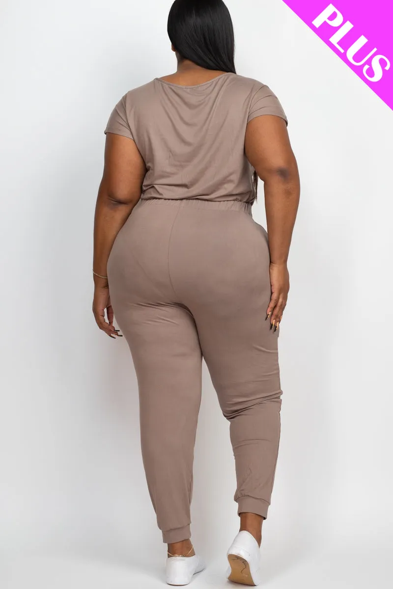 Plus Size Solid Drawstring Short Sleeve Jumpsuit