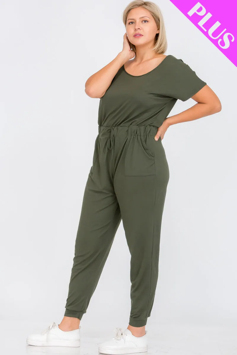 Plus Size Solid Drawstring Short Sleeve Jumpsuit