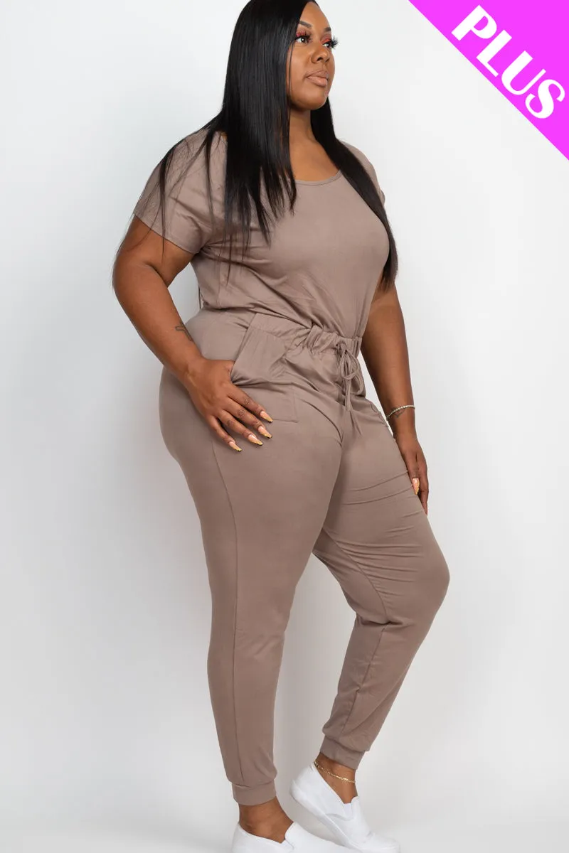 Plus Size Solid Drawstring Short Sleeve Jumpsuit