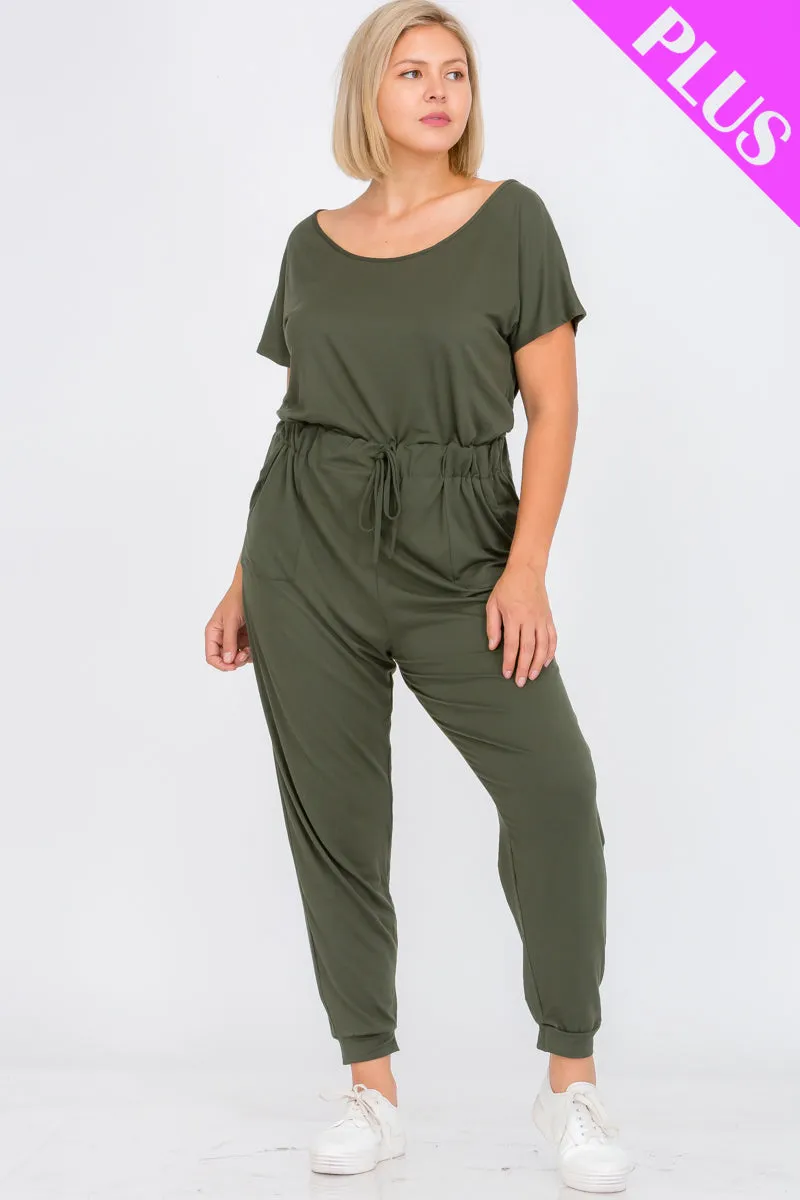 Plus Size Solid Drawstring Short Sleeve Jumpsuit