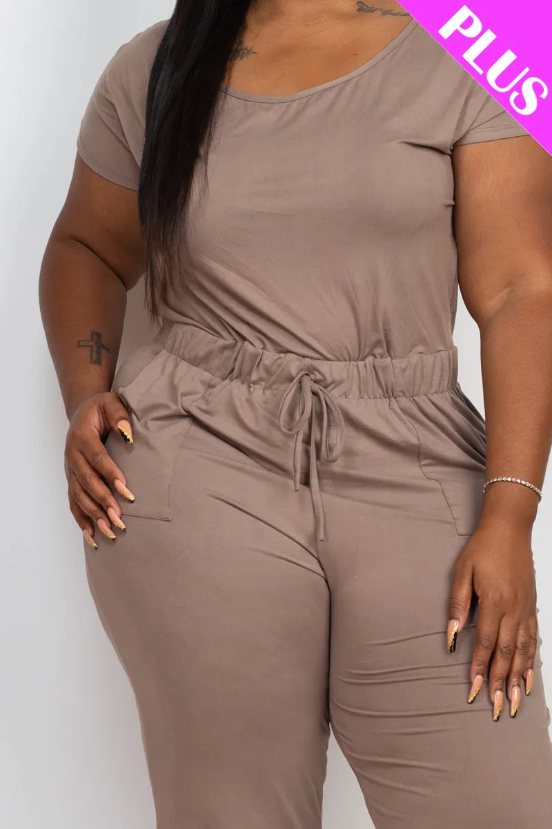 Plus Size Solid Drawstring Short Sleeve Jumpsuit