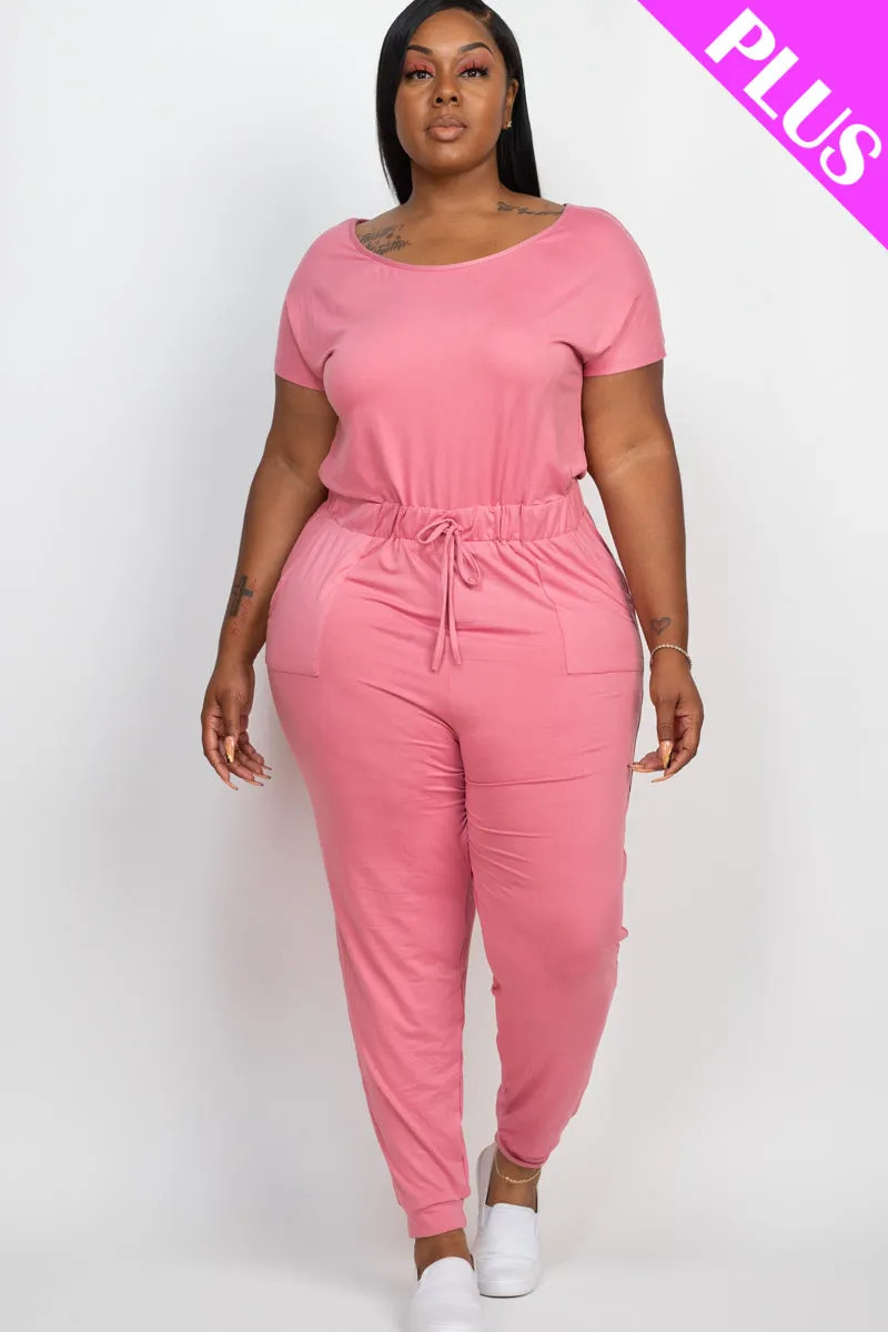 Plus Size Solid Drawstring Short Sleeve Jumpsuit