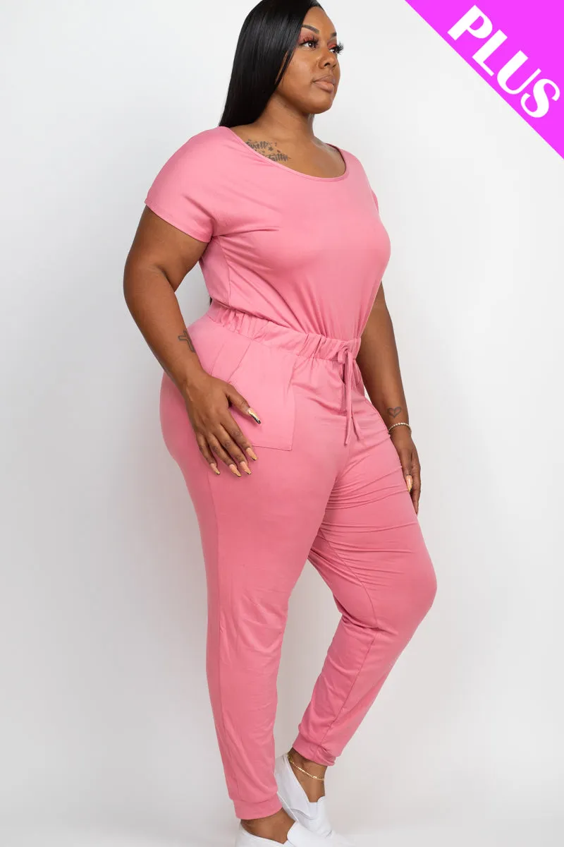 Plus Size Solid Drawstring Short Sleeve Jumpsuit