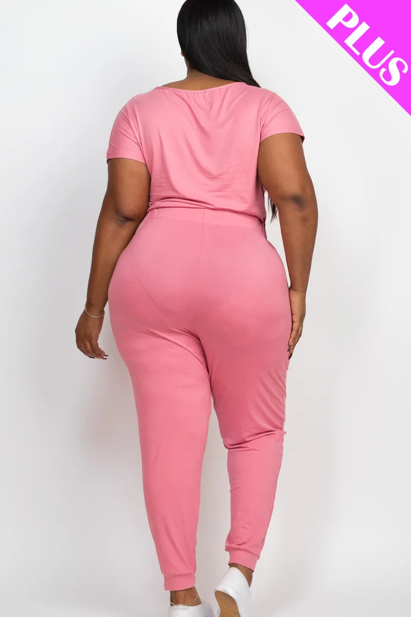 Plus Size Solid Drawstring Short Sleeve Jumpsuit